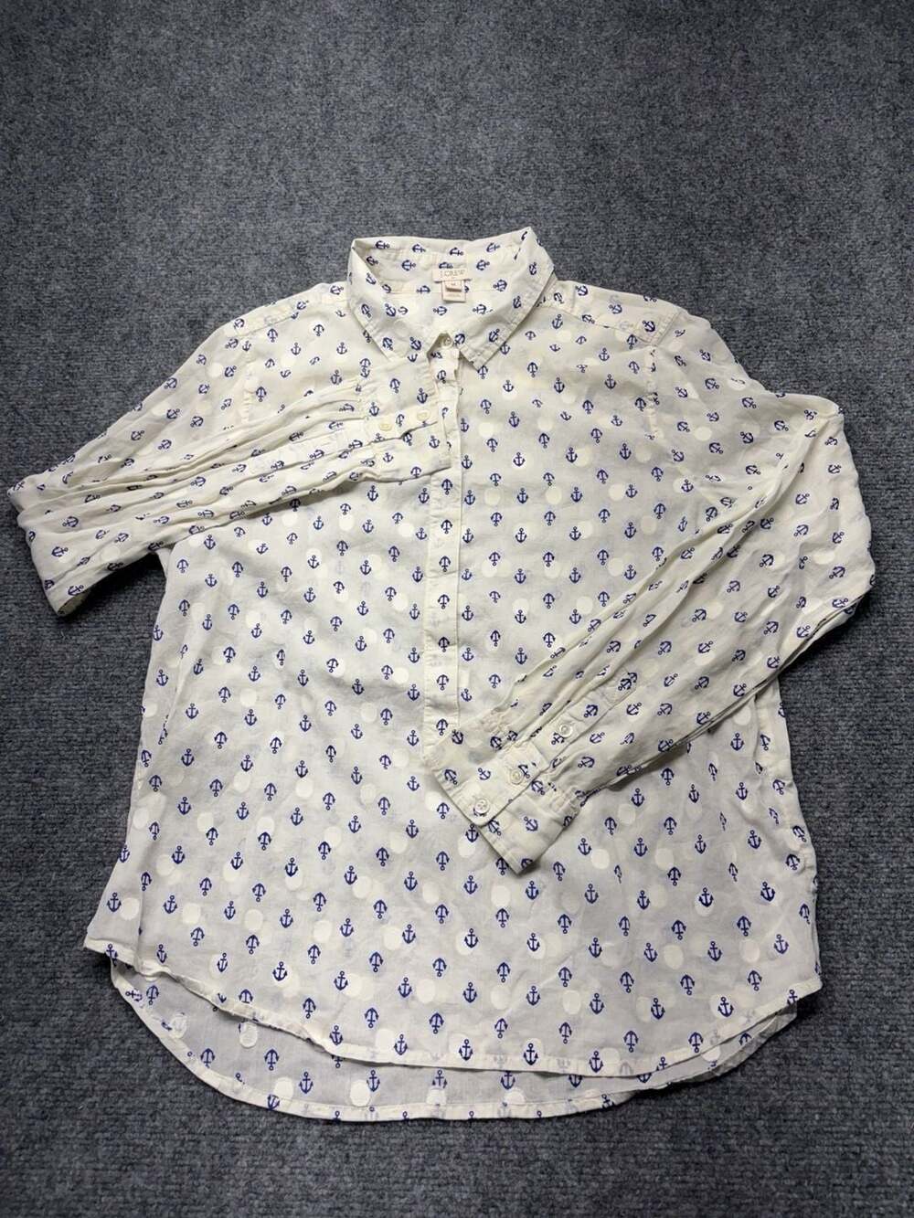 J. Crew Shirt Womens Size Med Cream Anchor Print Polka Dot Sheer Cotton Nautical